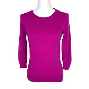 J Crew Women XS 100% Merino Wool Sweater Crewneck 3/4 Sleeve Fuchsia Pink Fitted